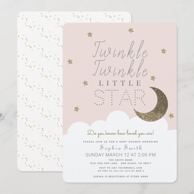 Twinkle Twinkle Little Star Blush Pink Baby Dusche Einladung (Vorne/Hinten)