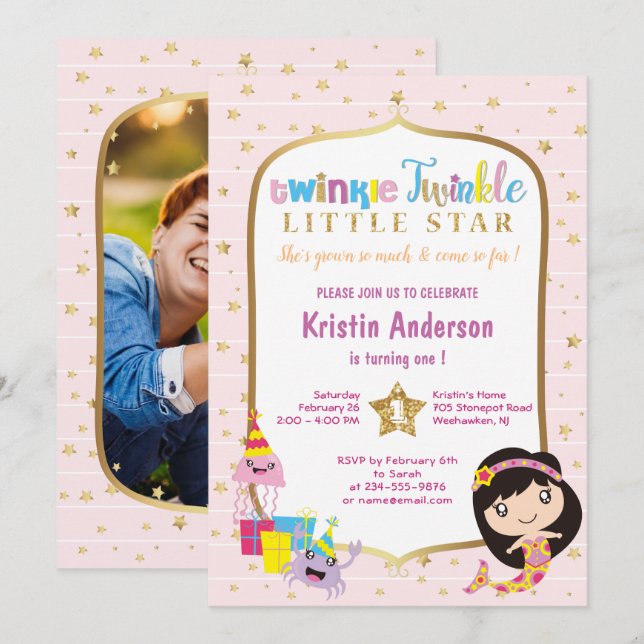 Twinkle Twinkle Little Star Foto Birthday Party Einladung (Vorne/Hinten)