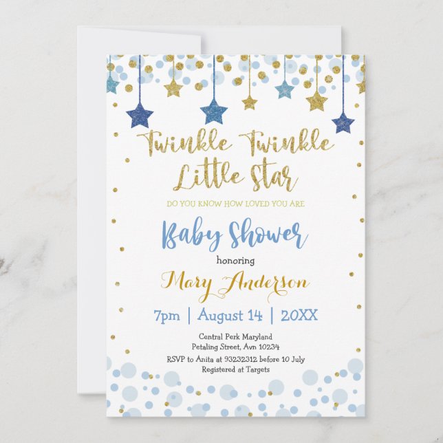 Twinkle Twinkle Little Star Gold Blue Sparkle Baby Einladung (Vorderseite)