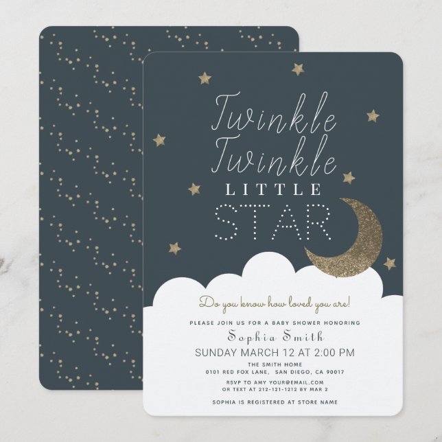 Twinkle Twinkle Little Star Navy Blue Baby Dusche Einladung (Vorne/Hinten)