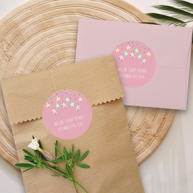 Twinkle Twinkle Little Star Pink Baby Dusche Runder Aufkleber (Pink Stickers from my Twinkle Twinkle baby shower collection)