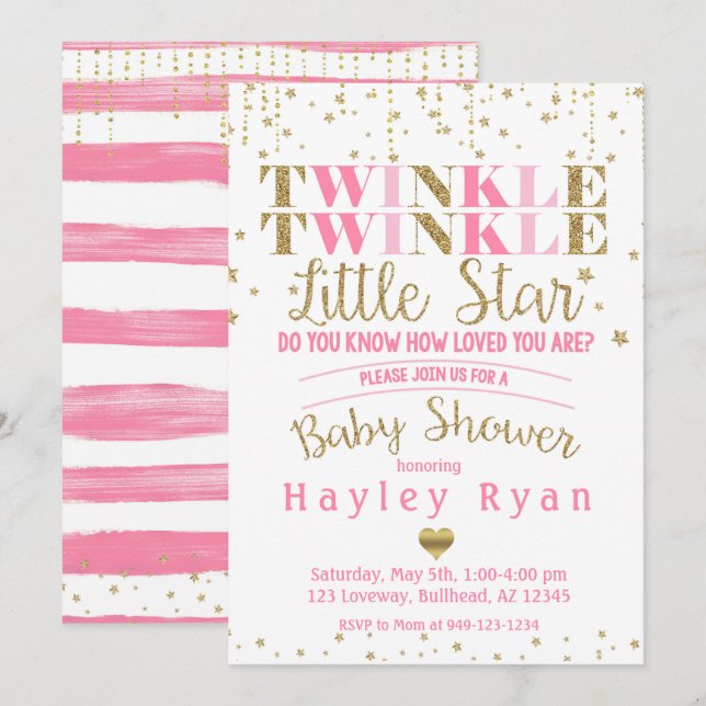 Twinkle Twinkle Little Star Pink Gold Baby Dusche Einladung (Vorne/Hinten)