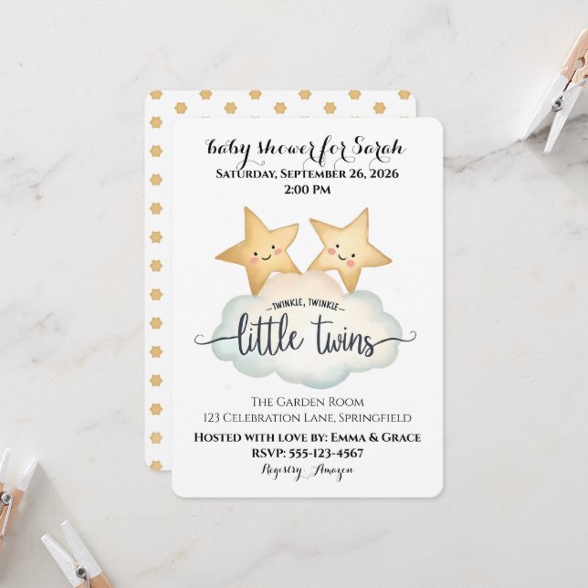 Twinkle, Twinkle Little Twins Baby Dusche Einladung (Vorderseite/Rückseite Beispiel)