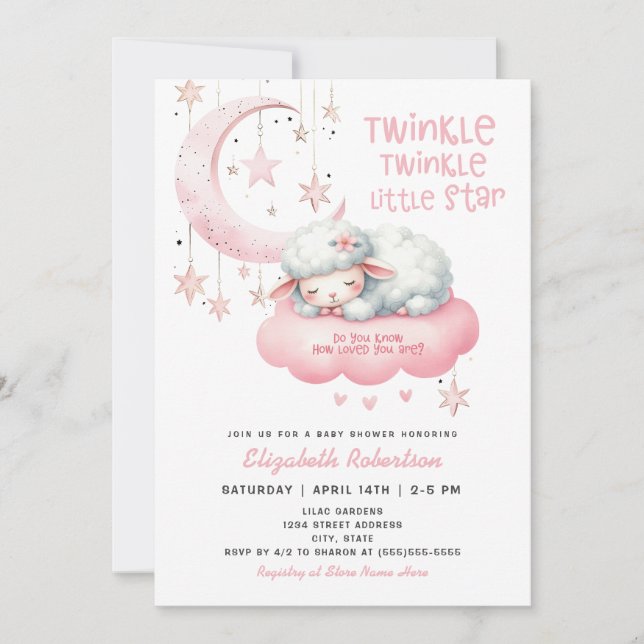 Twinkle Twinkle Pink Lamb Girls Babydusche Einladung (Vorderseite)