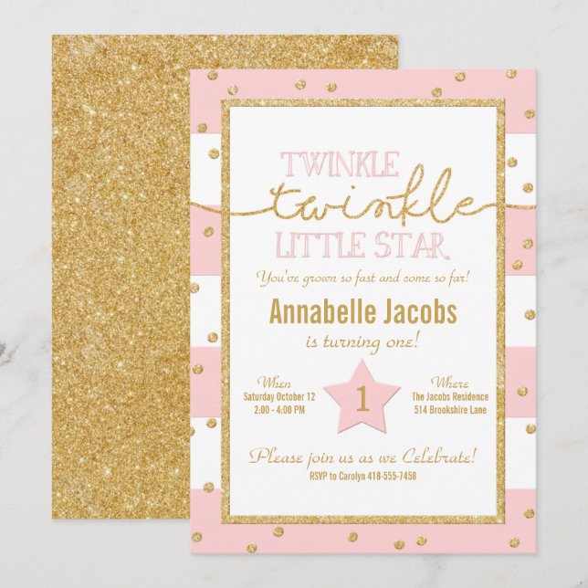 Twinkle Twinkle Pink und Gold Einladung zum Geburt (Vorne/Hinten)