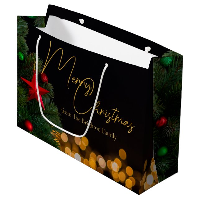 Twinkling Gold Lights Modernes fröhliches Weihnach Große Geschenktüte (Vorderseite Schrägansicht)