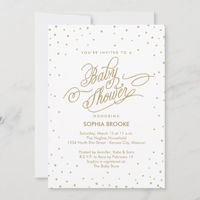 Twinkly Gold Stars Fancy Baby shower Invitation (Devant)