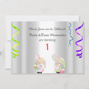 Twins 1er anniversaire Faire-part Party Argent