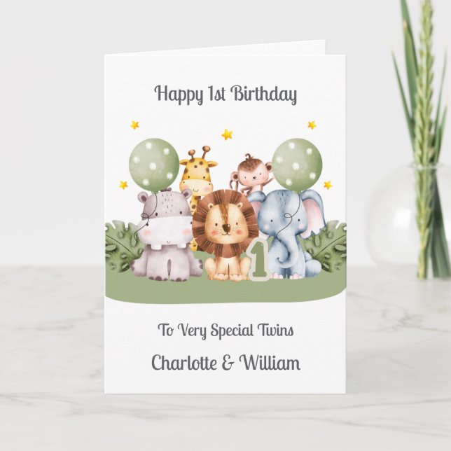 Twins 1st Birthday Safari Leaf Animals Card Karte (Vorderseite)