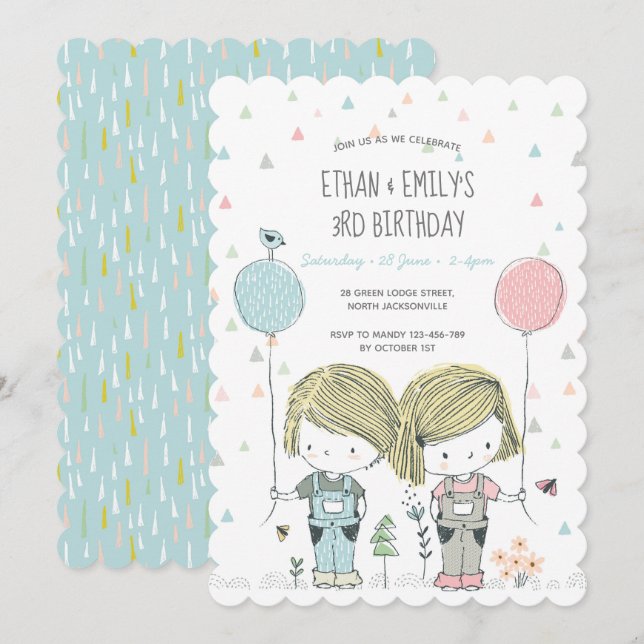 Twins Anniversaire de enfant Invitation whimsical (Devant / Derrière)