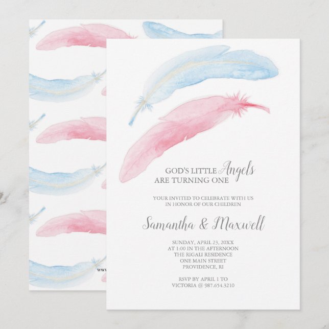 Twins Anniversaire Little Angel Invitation (Devant / Derrière)