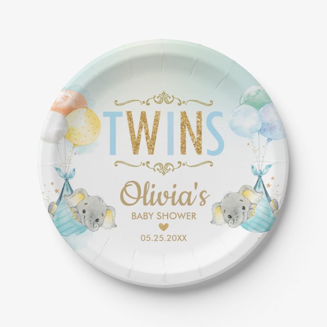 Twins Baby Boys Elephant Balloons Babydusche Pappteller (Vorderseite)