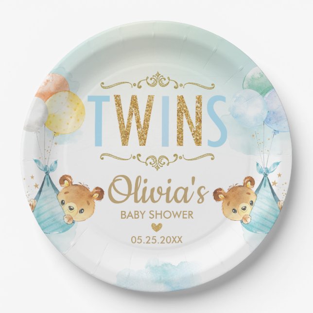 Twins Baby Boys Niedlich Bears Balloons Babydusche Pappteller (Vorderseite)