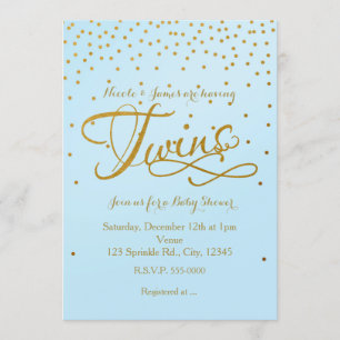 TWINS Baby Dusche Light Blue & Gold Dot Einladung