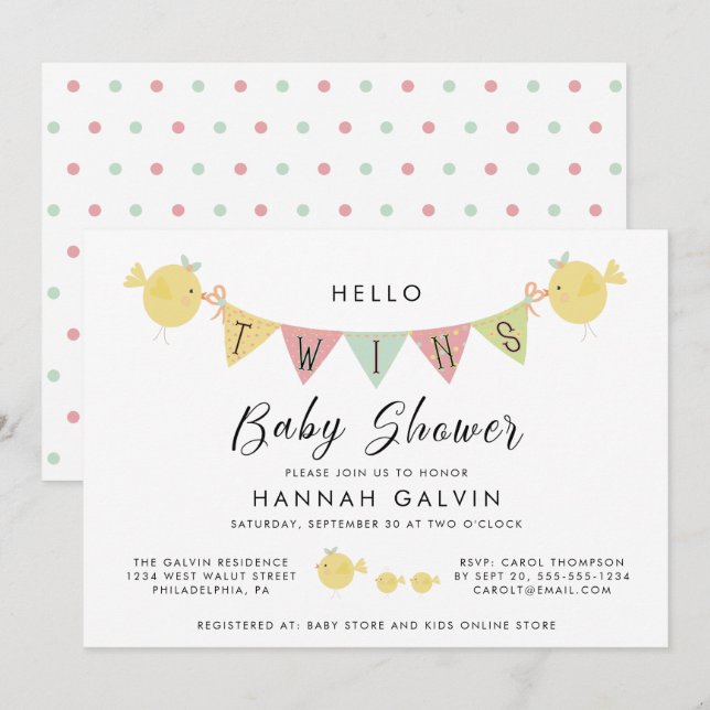 Twins Baby Dusche| Mama Bird & Chicks Einladung (Vorne/Hinten)