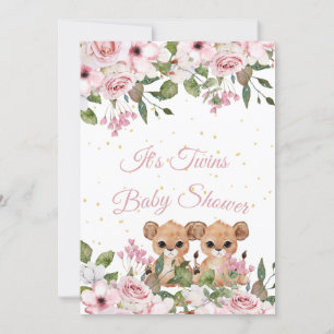 Twins Baby Dusche Niedlich Lion Pink Floral Gold  Einladung