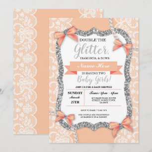 Twins Baby Dusche Pfirsichstand Glitzer Girl Bows Einladung