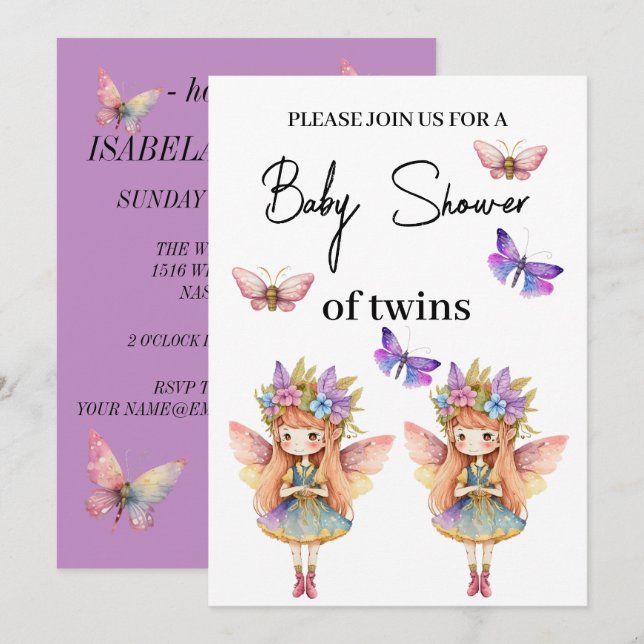 Twins Baby Duschfee mit Fliegengewächsen Einladung (Vorne/Hinten)