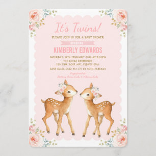 Twins Baby Duschmädchen Hirsch Blush Rosa Blütenbr Einladung