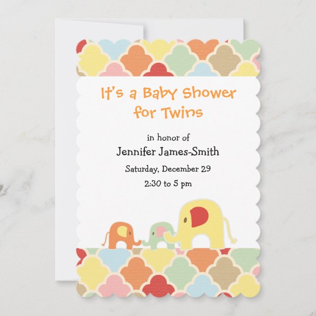 Twins Baby Elephants Douche Invitation (Devant)
