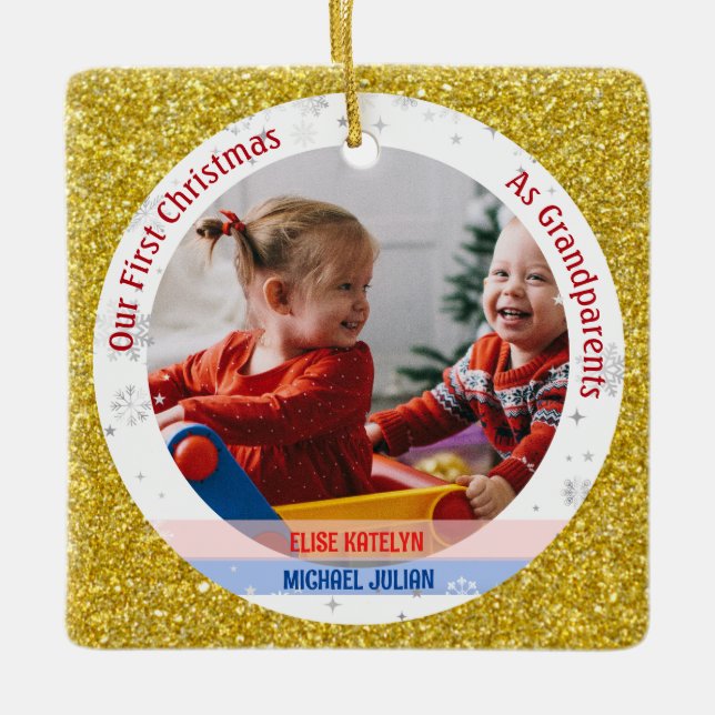 Twins Baby Girl Boy 1. Weihnachten Großeltern Foto Keramikornament (Vorderseite)