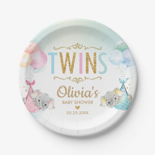 Twins Baby Girl Boy Elephant Balloons Babydusche Pappteller (Vorderseite)