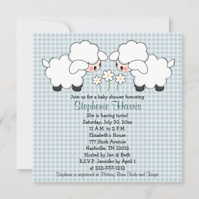Twins Baby Lambs Baby Shower Einladungen Boys (Vorderseite)