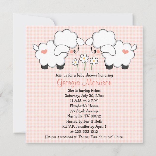 Twins Baby Lambs Baby Shower Invitations Filles (Devant)