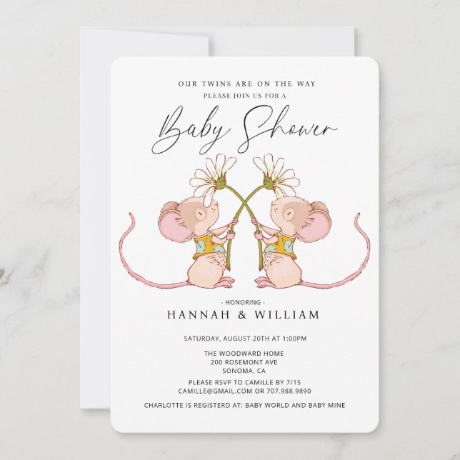 Twins Baby Shower Baby Mice Einladung (Vorderseite)