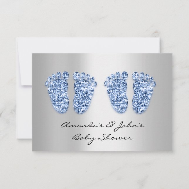 Twins Baby Shower Feet Glitzer Blue Boys Gray Einladung (Rückseite)