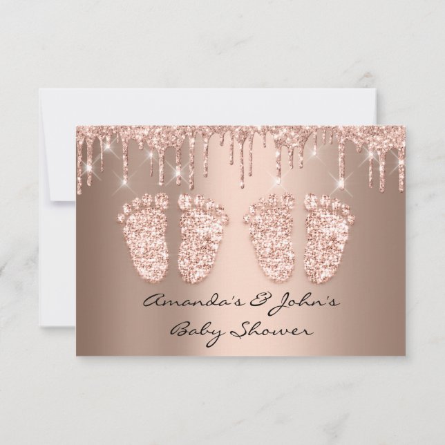 Twins Baby Shower Feet Glitzer Tropfen Girl Boy Einladung (Rückseite)