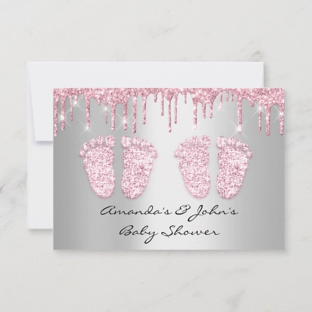 Twins Baby Shower Feet Glitzer Tropfen Girls Einladung (Rückseite)