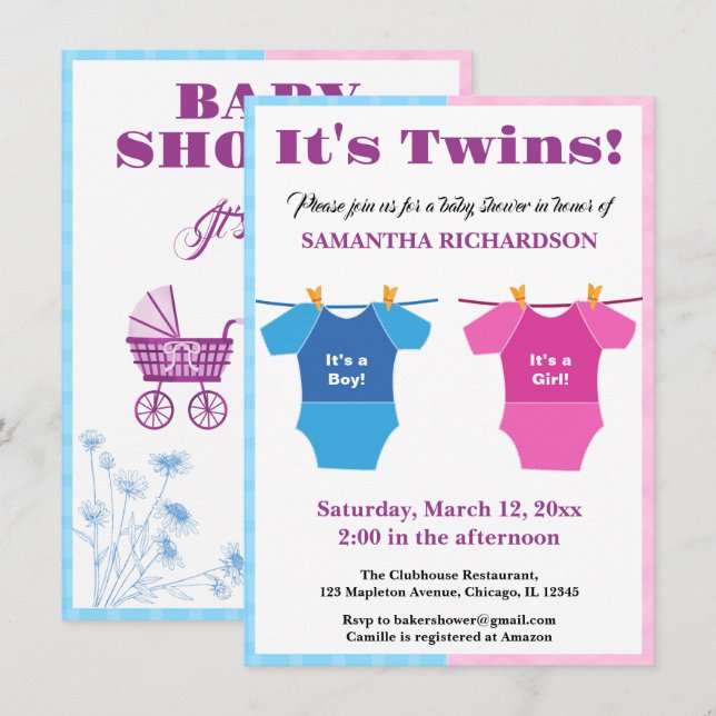 Twins Baby Shower Party Girl Boy. Einladung (Vorne/Hinten)