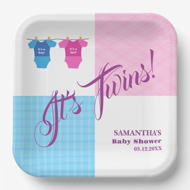 Twins Baby Shower Party Girl Boy. Pappteller (Vorderseite)