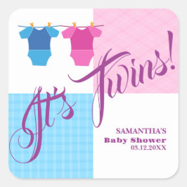 Twins Baby Shower Party Girl Boy. Quadratischer Aufkleber