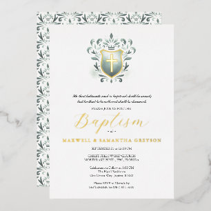 Twins Baptême Invitations Sage Green Crest