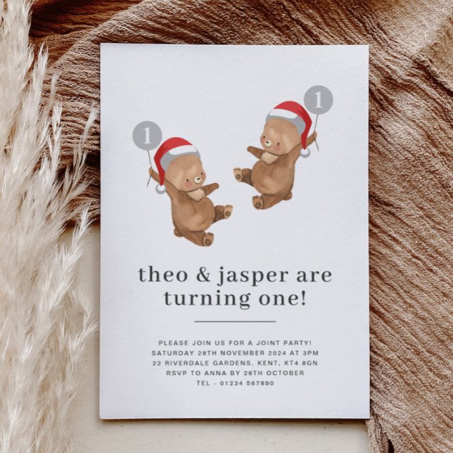 Twins Bear Balloon Weihnachtsmannmütze Erster Gebu Einladung (Twins Bear Balloon Santa Hat First Birthday Invitation)