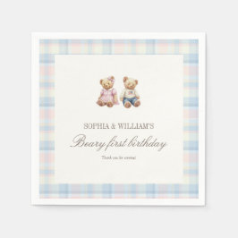 Twins Beary First Birthday Napkins | Pink Blue Serviette