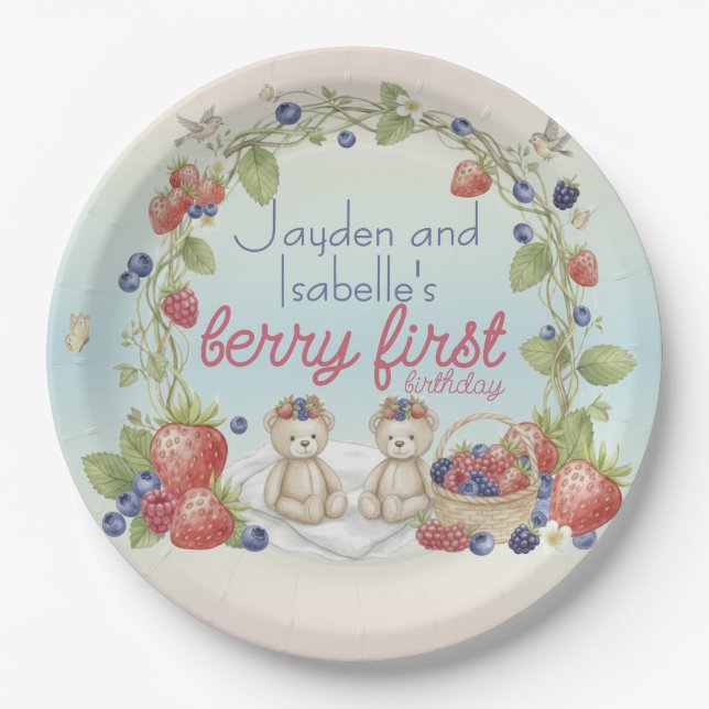 Twins Berry First 1st Birthday Party Paper Plate Pappteller (Vorderseite)
