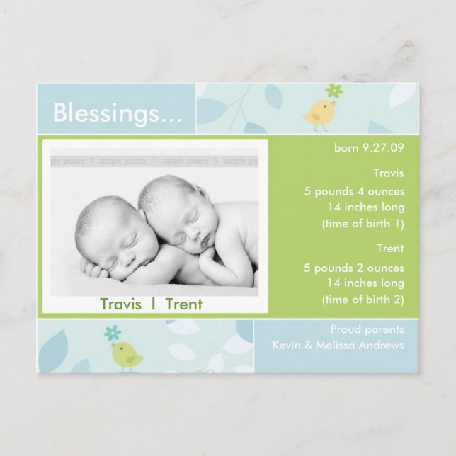 Twins Birth Announction Foto-Karte Ankündigungspostkarte (Vorderseite)