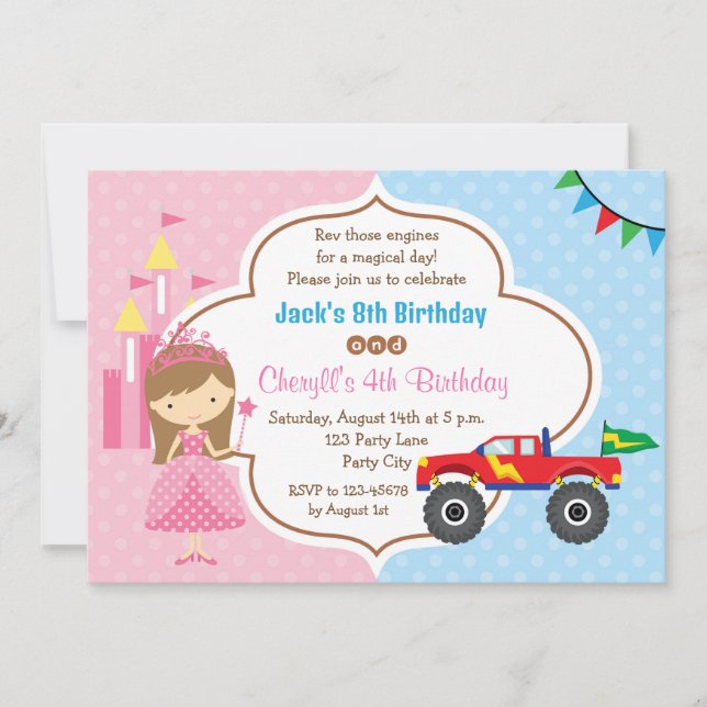 Twins Birthday Einladungen Princess Monster Truck (Vorderseite)
