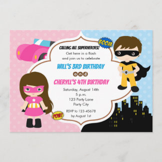 Twins Birthday Einladungen (Superhero Boy Girl)