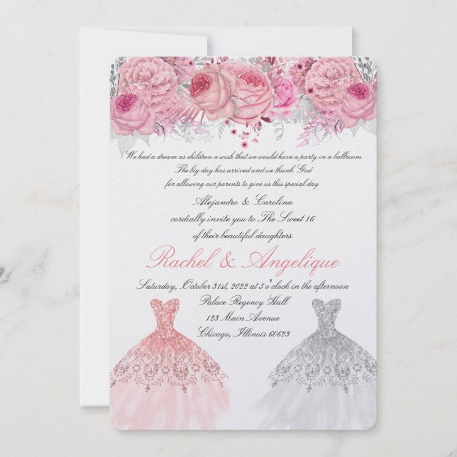 Twins Birthday Pink und Gold Einladung (Vorderseite)