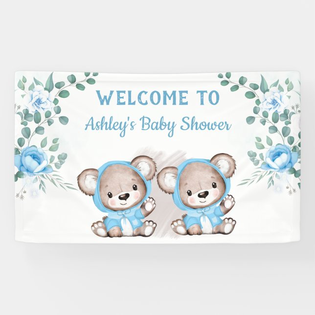 Twins Blue Bear Floral Custom Baby Shooter Banner (Horizontal)