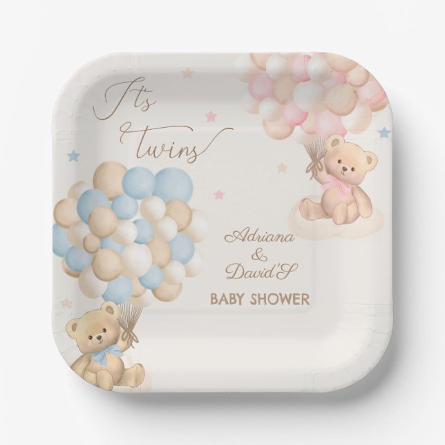 Twins Boy and Girl Pink Blue Baby Dusche Pappteller (Vorderseite)