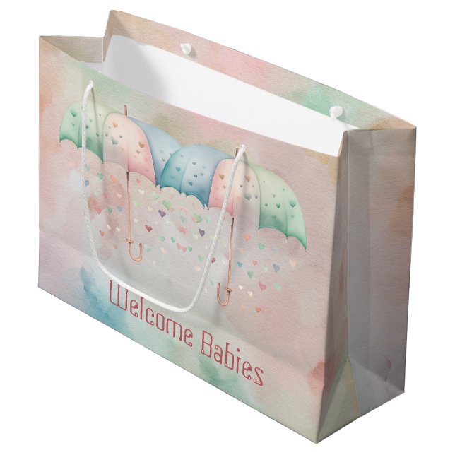 Twins Boy and Girl Shower Umbrella Geschenktasche Große Geschenktüte (Vorderseite Schrägansicht)