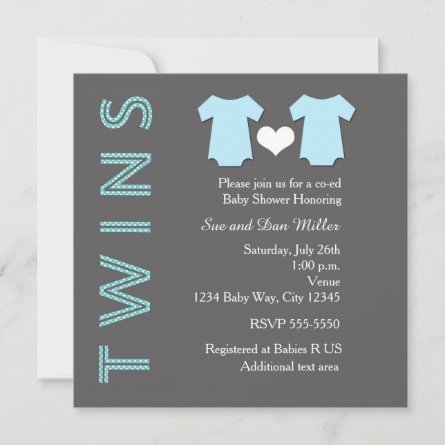 TWINS Boy Blue Twin Baby shower Party Invitation (Devant)