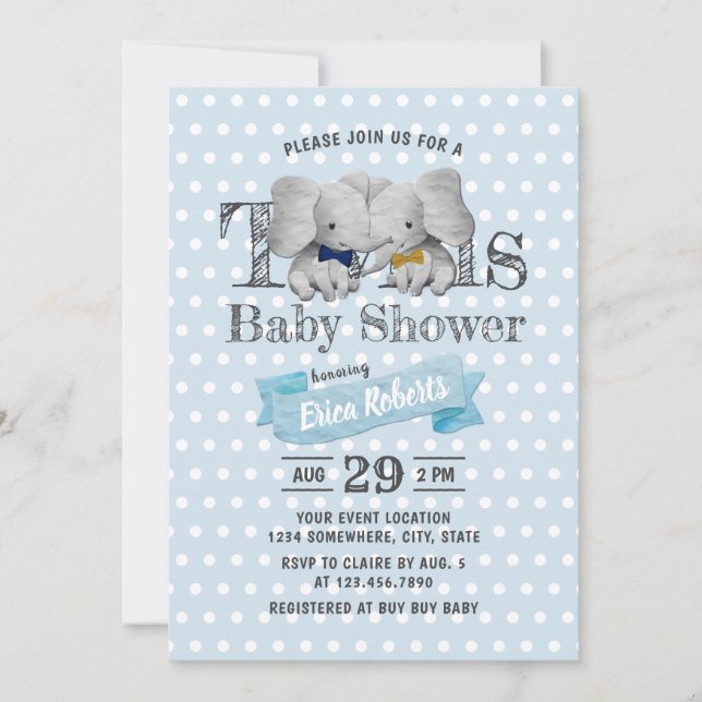 Twins Boy Elephant Blue Polka Dots Baby Dusche Einladung (Vorderseite)