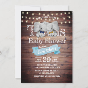 Twins Boy Elephant Rustic Barn Baby Dusche Einladung