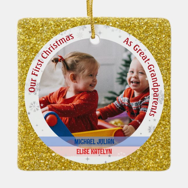 Twins Boy Girl 1. Weihnachten Große Großeltern Fot Keramikornament (Vorderseite)
